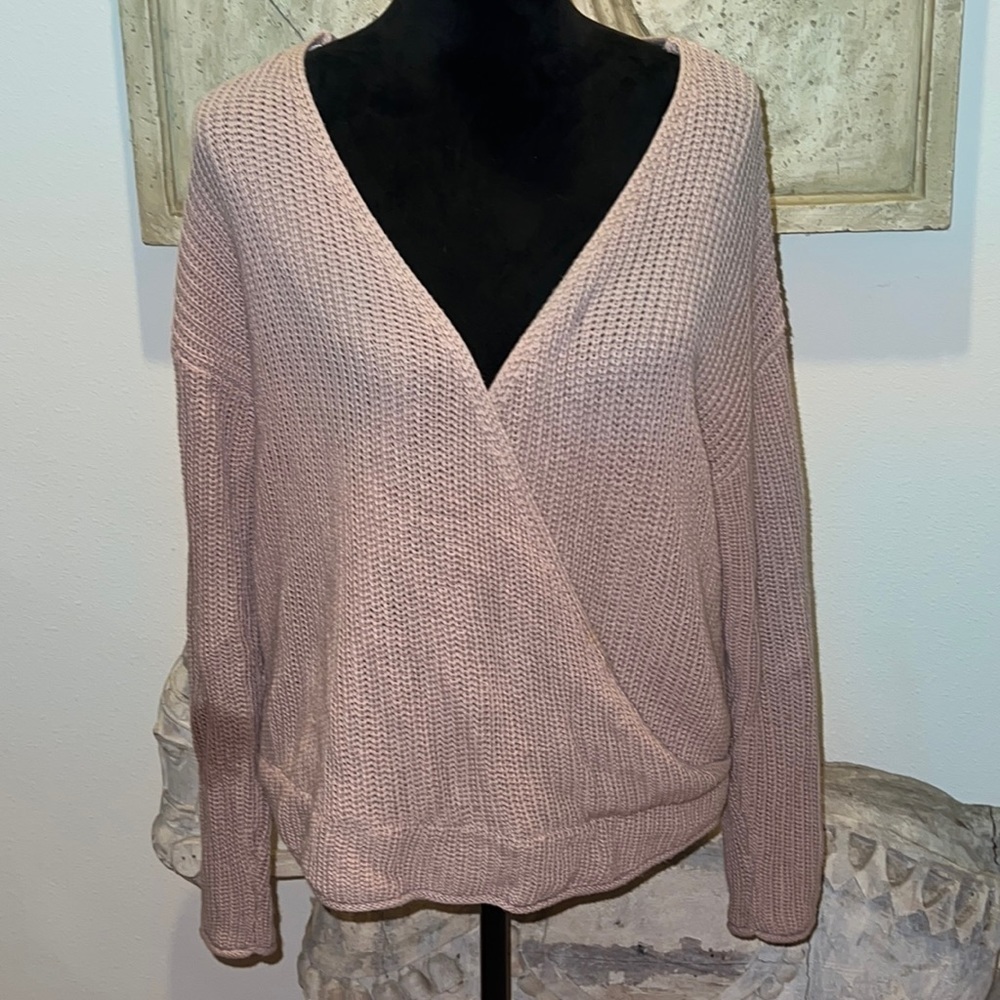 Moon and Madison crossed front and back Pink‎ / taupe knit sweater Sz M